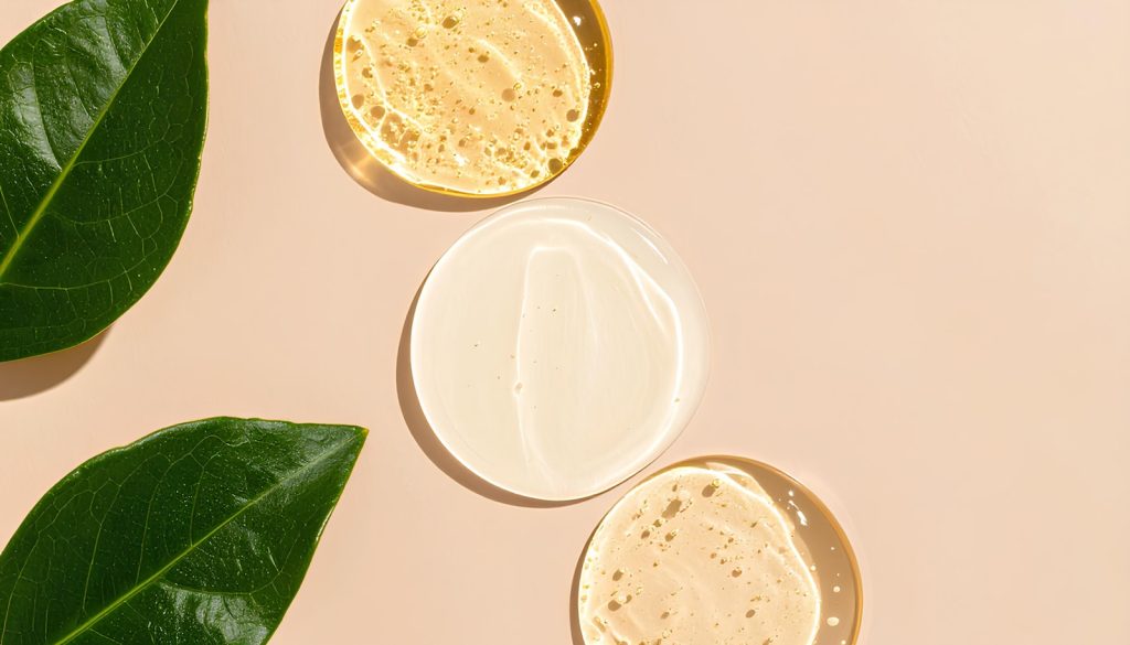 Compléments alimentaires et texture cosmétique évoquant les soins de la peau, illustration de l'acné hormonale adulte