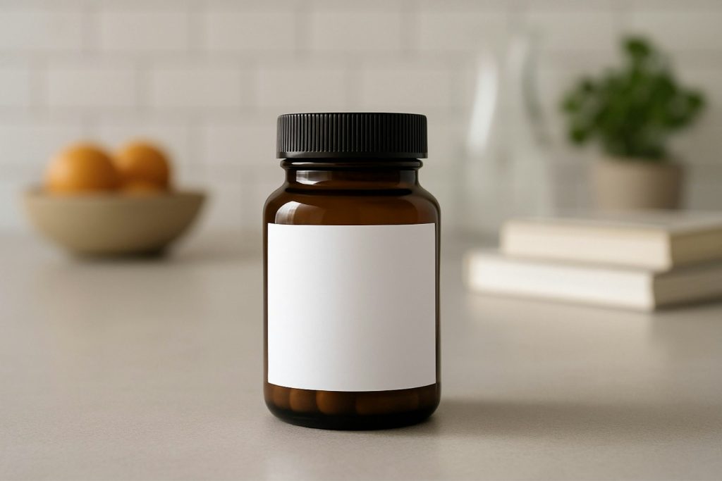 Flacon ambré de complément alimentaire posé sur un plan de travail, illustrant la vitamine D en cause dans les démangeaisons de la peau